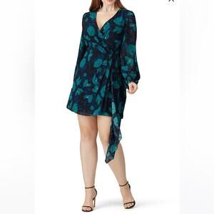 Badgley Mischka Blue Floral Printed Wrap Draped Dress